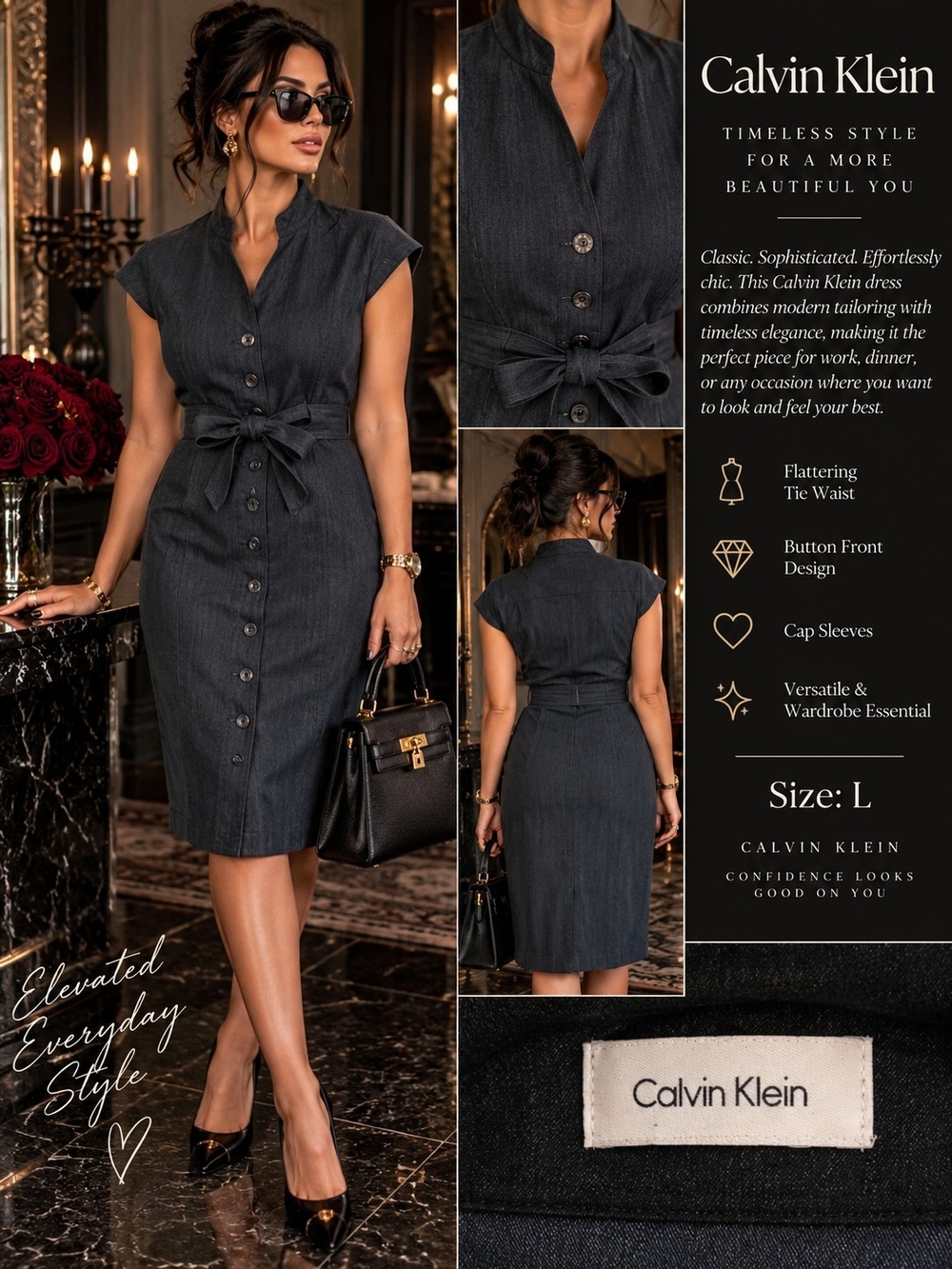 Calvin Klein Black Button-Front Tie-Waist Cap Sleeve Dress